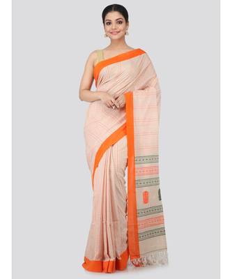 Beige cotton hand woven   saree 1