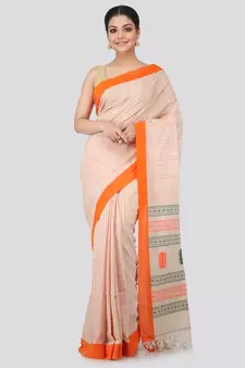 Beige cotton hand woven   saree