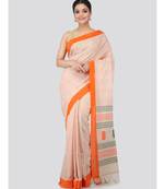 Beige cotton hand woven   saree