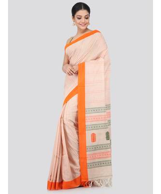 Beige cotton hand woven   saree 2