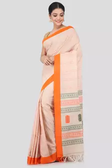 Beige cotton hand woven   saree