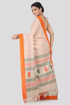 Beige cotton hand woven   saree