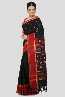 Black cotton hand woven   saree