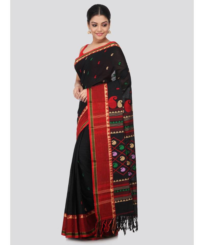 Black cotton hand woven   saree