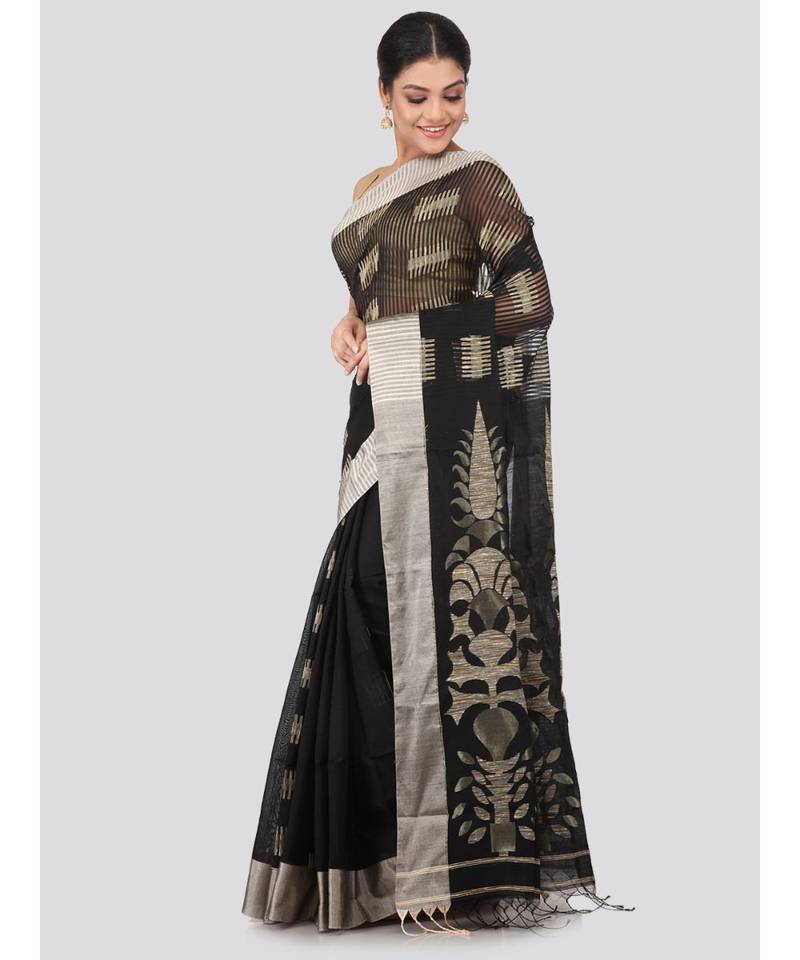 Black cotton silk hand woven   saree