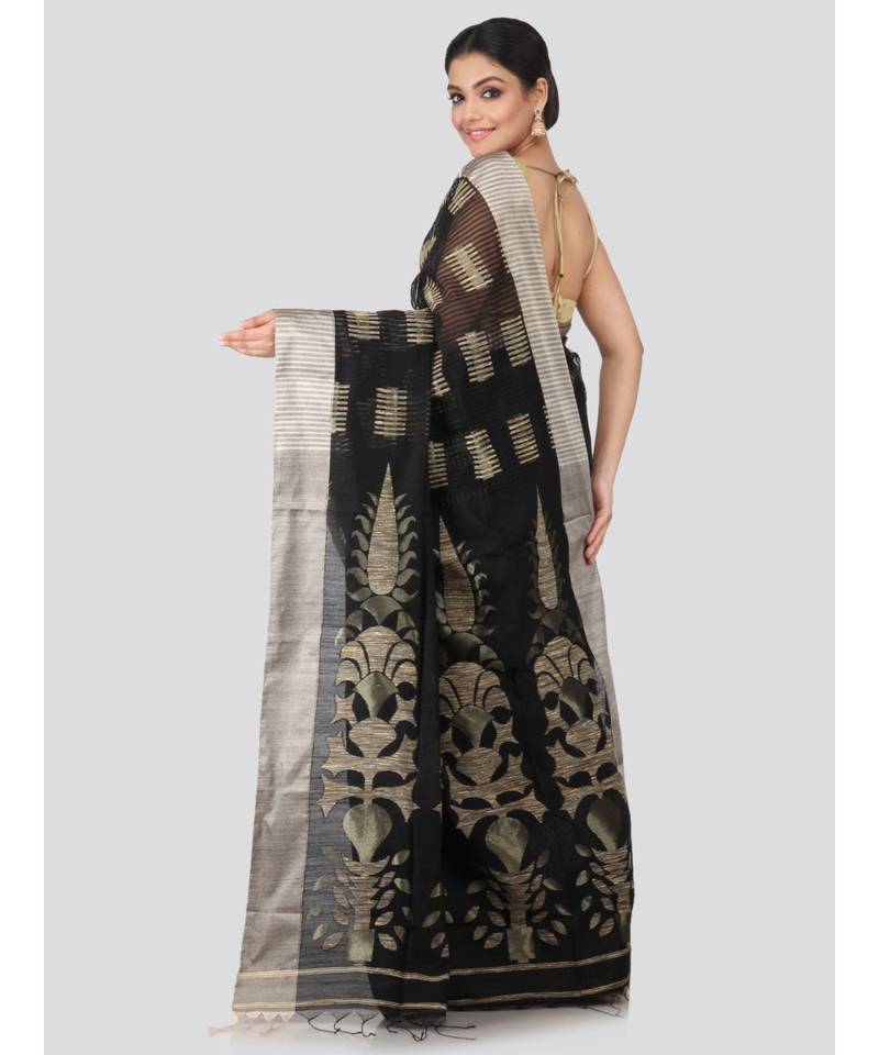 Black cotton silk hand woven   saree