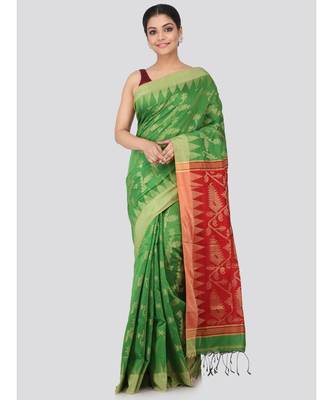 Green cotton silk hand woven   saree 1