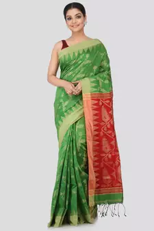 Green cotton silk hand woven   saree