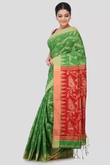 Green cotton silk hand woven   saree