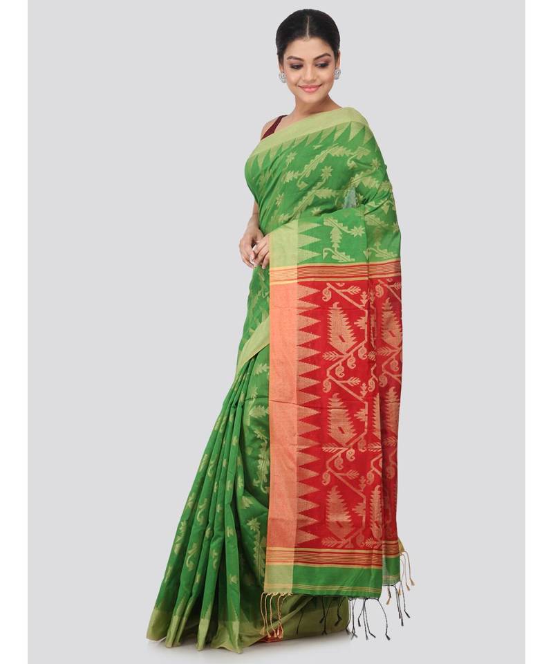 Green cotton silk hand woven   saree