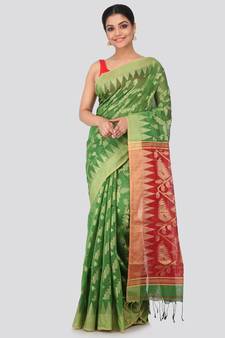 Green cotton silk hand woven   saree