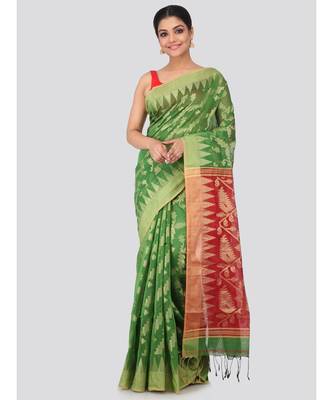 Green cotton silk hand woven   saree 1