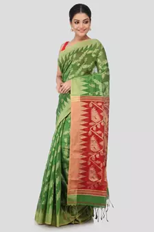 Green cotton silk hand woven   saree