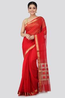 Red cotton silk hand woven   saree
