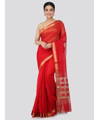 Red cotton silk hand woven   saree 1
