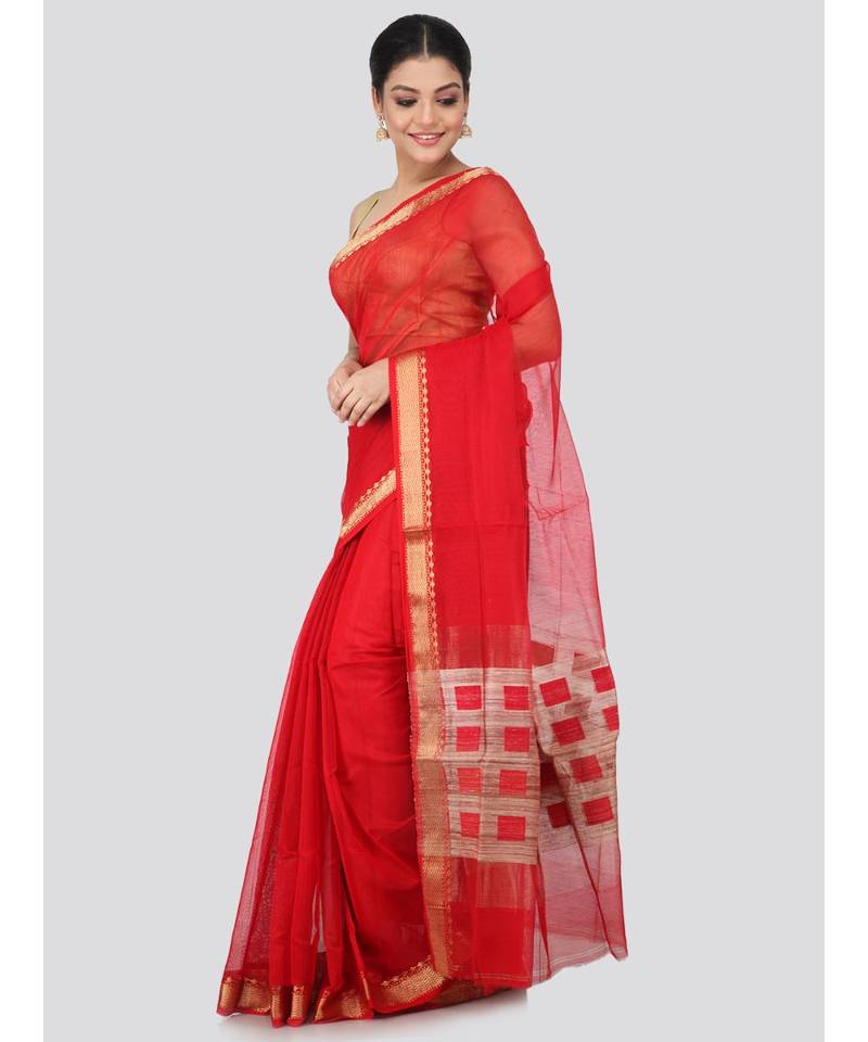Red cotton silk hand woven   saree