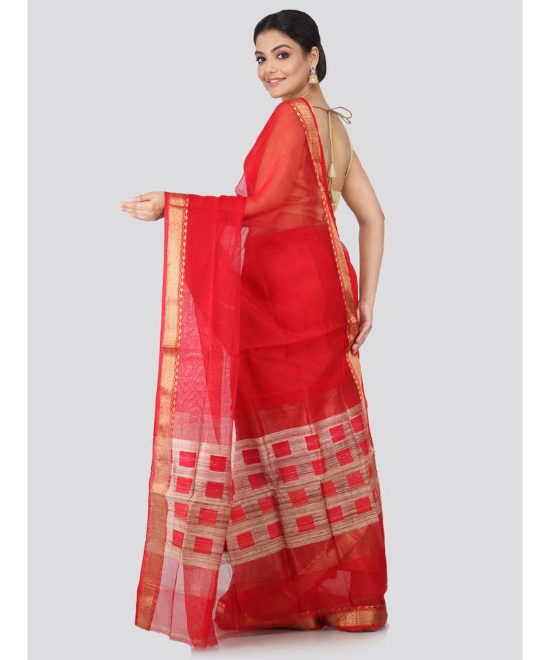 Red cotton silk hand woven   saree