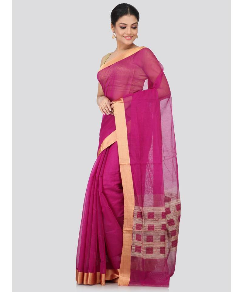 Magenta cotton silk hand woven   saree