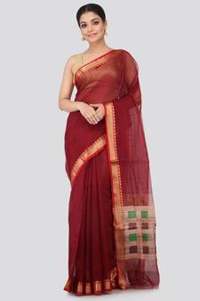Maroon cotton silk hand woven   saree