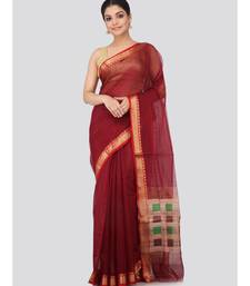 Maroon cotton silk hand woven   saree
