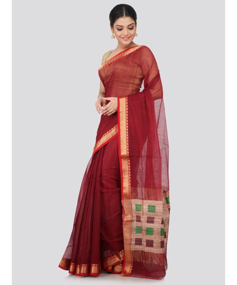Maroon cotton silk hand woven   saree