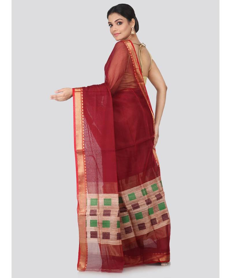 Maroon cotton silk hand woven   saree