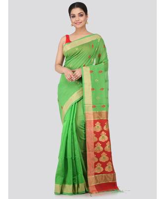Green cotton silk hand woven   saree 1