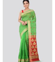 Green cotton silk hand woven   saree