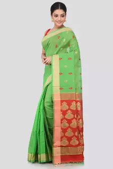 Green cotton silk hand woven   saree