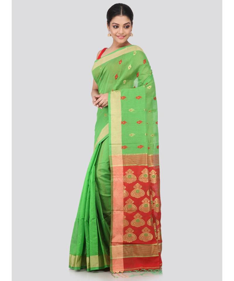 Green cotton silk hand woven   saree