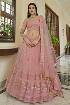 Peach embroidered net semi stitched bridal lehenga
