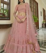 Peach Resham and Sequins embroidered net Semi Stitched Bridal Lehenga