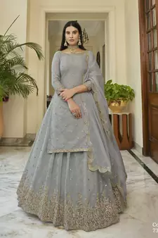 Grey embroidered organza semi stitched bridal lehenga