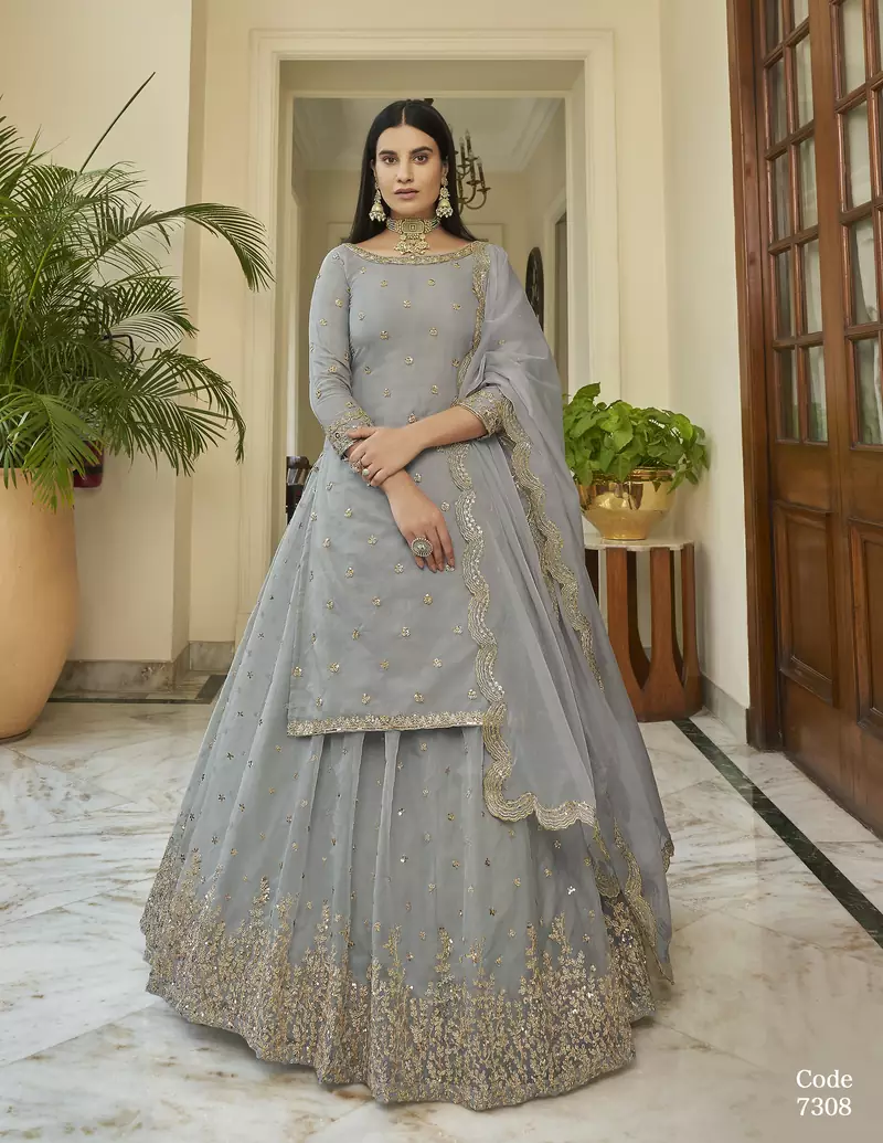 Grey embroidered organza semi stitched bridal lehenga
