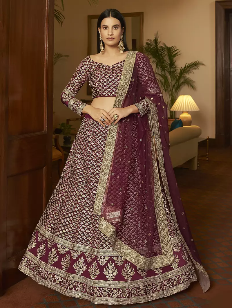 Maroon embroidered crepe semi stitched bridal lehenga