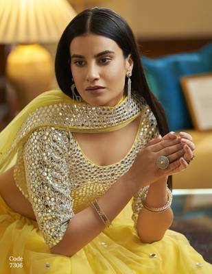Yellow Gota and Zari embroidered with mirror work net Semi Stitched Bridal Lehenga 2