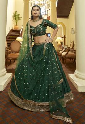 Green Zari & Sequins Embroidered Art Silk Designer Ethnic Lehenga For Wedding 1