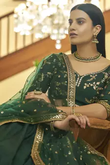 Green Zari & Sequins Embroidered Art Silk Designer Ethnic Lehenga For Wedding