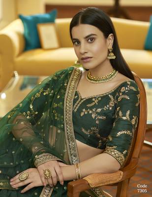 Green Zari & Sequins Embroidered Art Silk Designer Ethnic Lehenga For Wedding 3