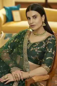Green Zari & Sequins Embroidered Art Silk Designer Ethnic Lehenga For Wedding