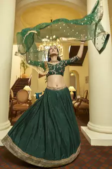 Green Zari & Sequins Embroidered Art Silk Designer Ethnic Lehenga For Wedding