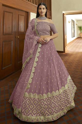 Asparagus Mauve Colored Gota and Zari embroidered georgette wedding Lehenga for bridesmaid