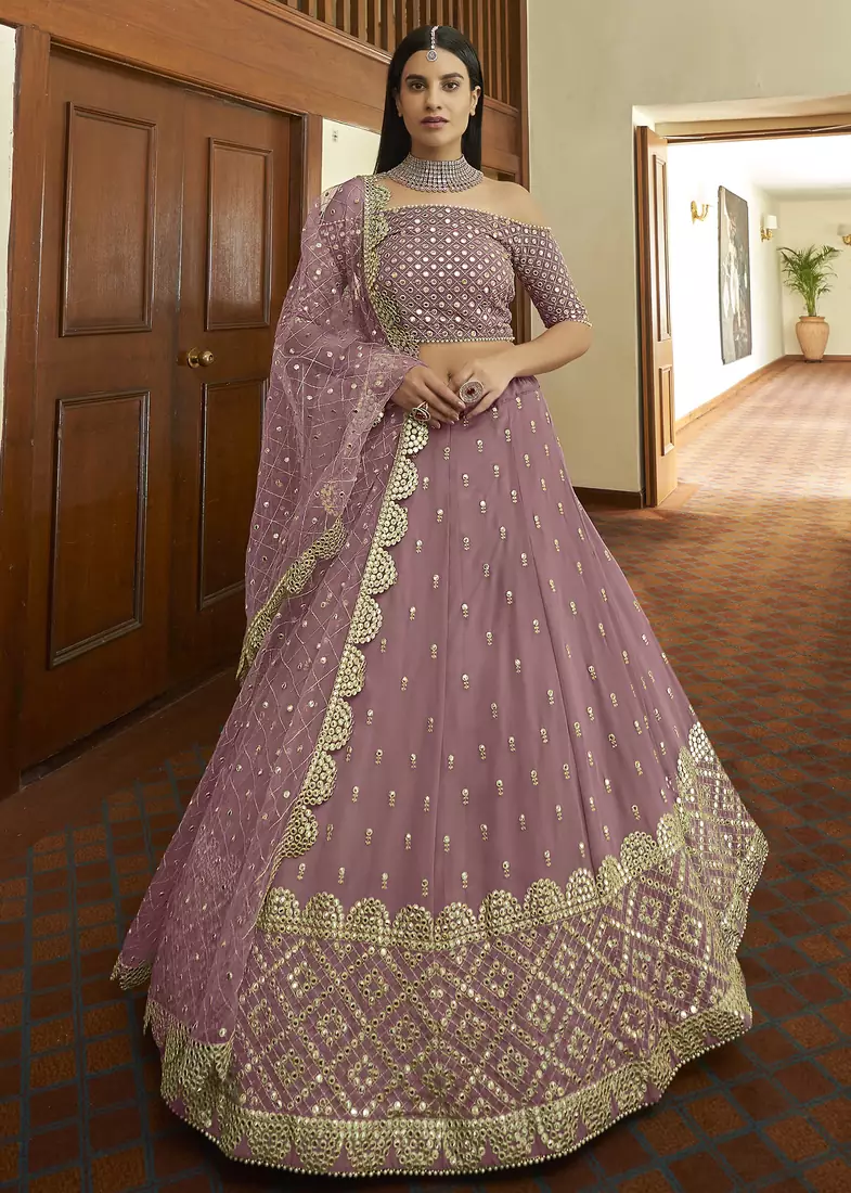 Mauve embroidered georgette semi stitched bridal lehenga