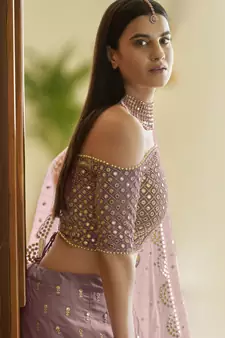 Asparagus Mauve Colored Gota and Zari embroidered georgette wedding Lehenga for bridesmaid
