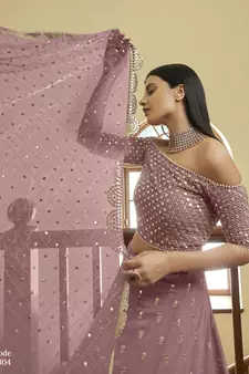 Asparagus Mauve Colored Gota and Zari embroidered georgette wedding Lehenga for bridesmaid