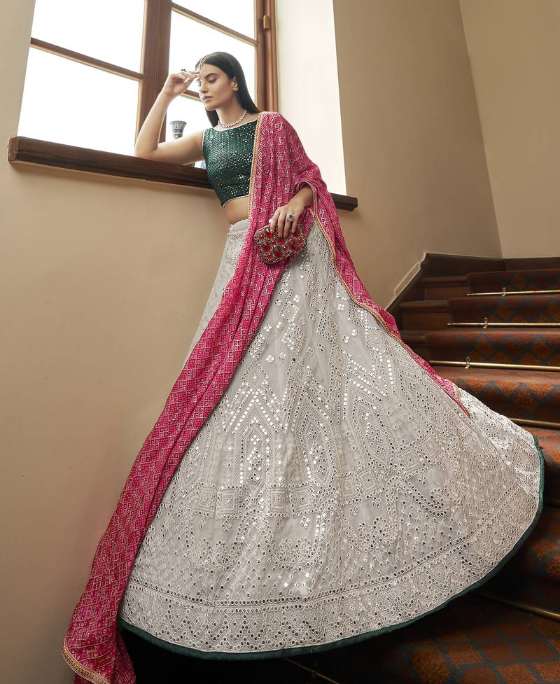 Grey embroidered organza semi stitched bridal lehenga