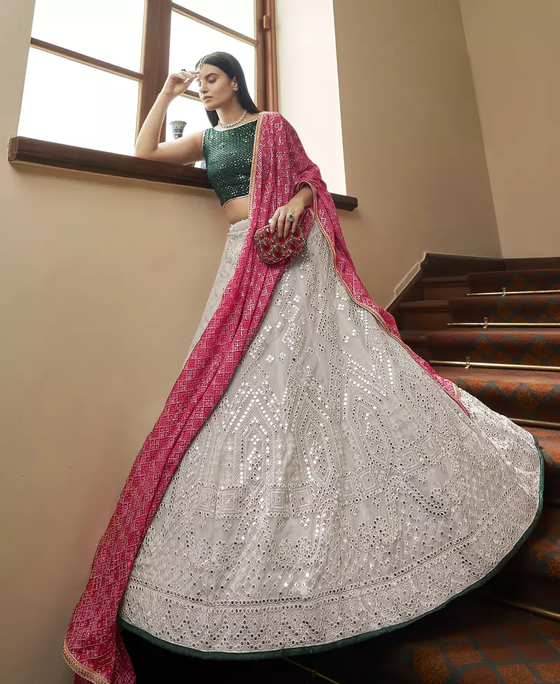 Grey embroidered organza semi stitched bridal lehenga