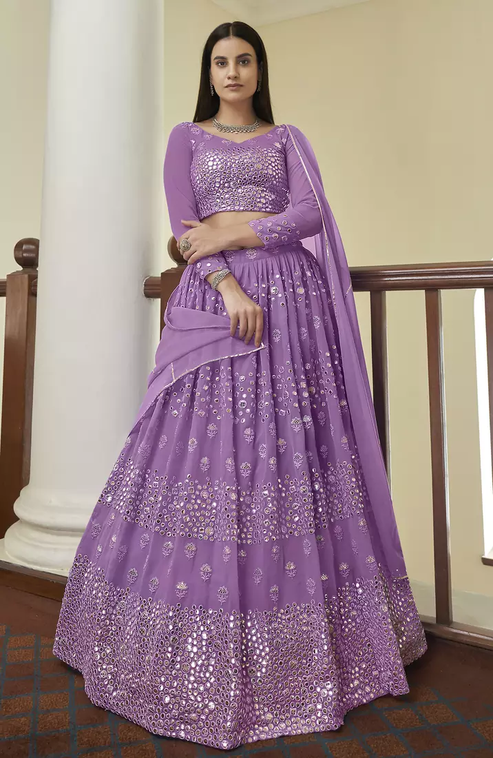 Lilac Gota and Resham embroidered georgette Semi Stitched Bridal Lehenga