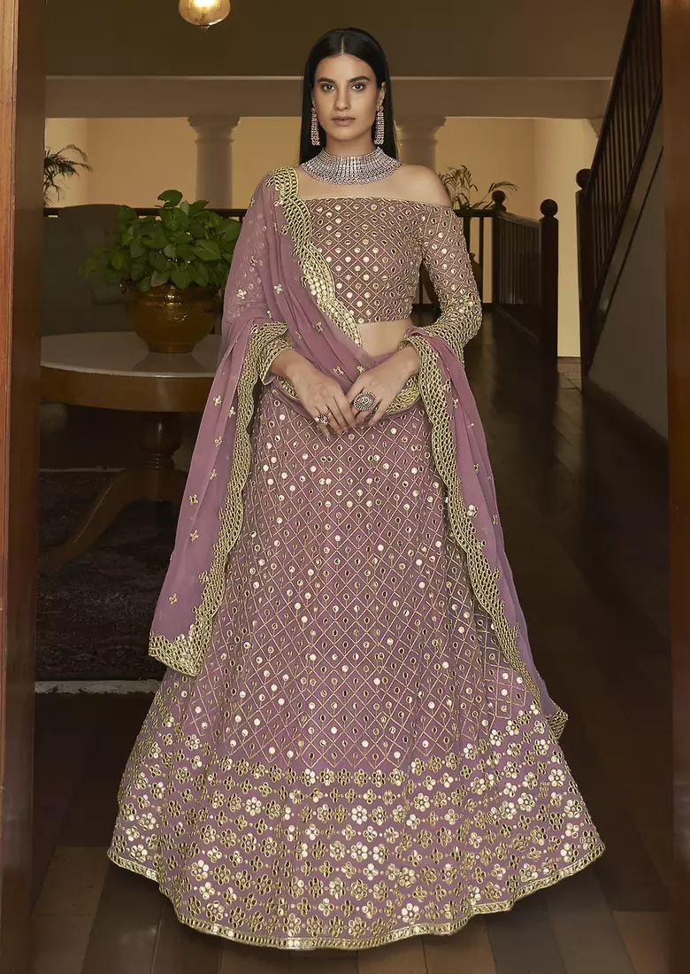 Mauve embroidered georgette semi stitched bridal lehenga