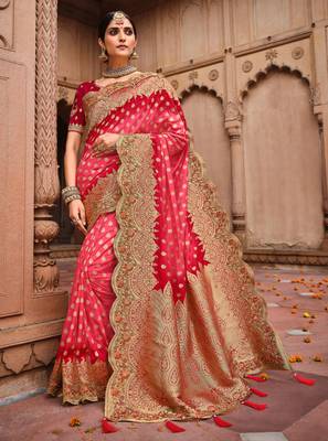 pink woven silk blend saree with blouse 1